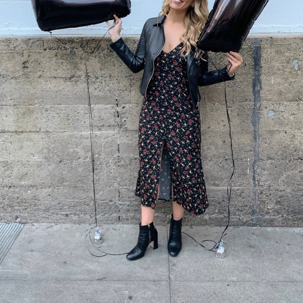 Reformation Black Floral Midi Dress with Front Slit